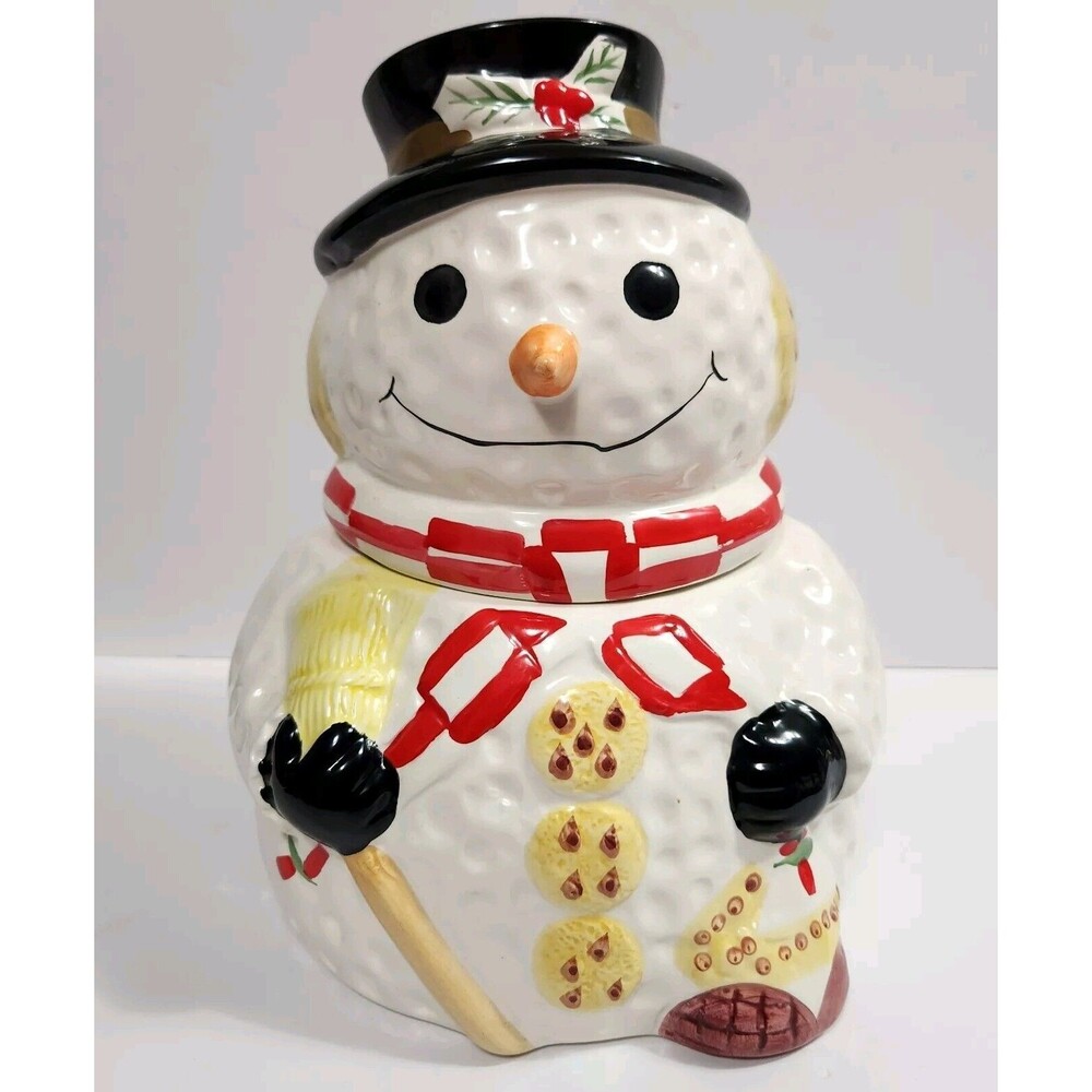 Gibson Snowman COOKIE JAR Cookie Buttons Holiday Christmas Ceramic 10"
